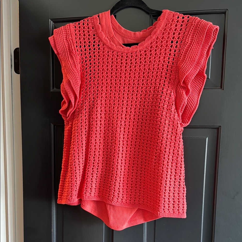 GAP Women's Vibrant Coral Open-Knit Sweater